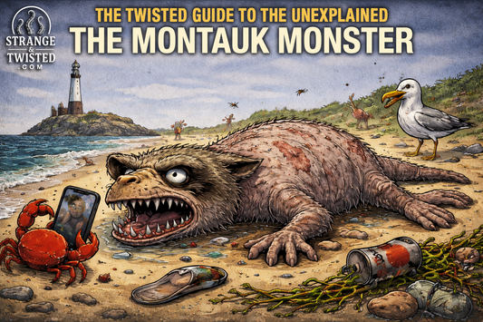 Funny Montauk Monster folklore artwork featuring a decomposed raccoon like creature on a beach with a lighthouse in the background, caricature style hero image for The Twisted Guide to the Unexplained.