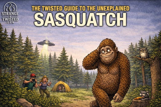 Humorous cartoon style hero image of Sasquatch walking shyly through a forest while campers photograph him, playful folklore illustration for The Twisted Guide to the Unexplained.
