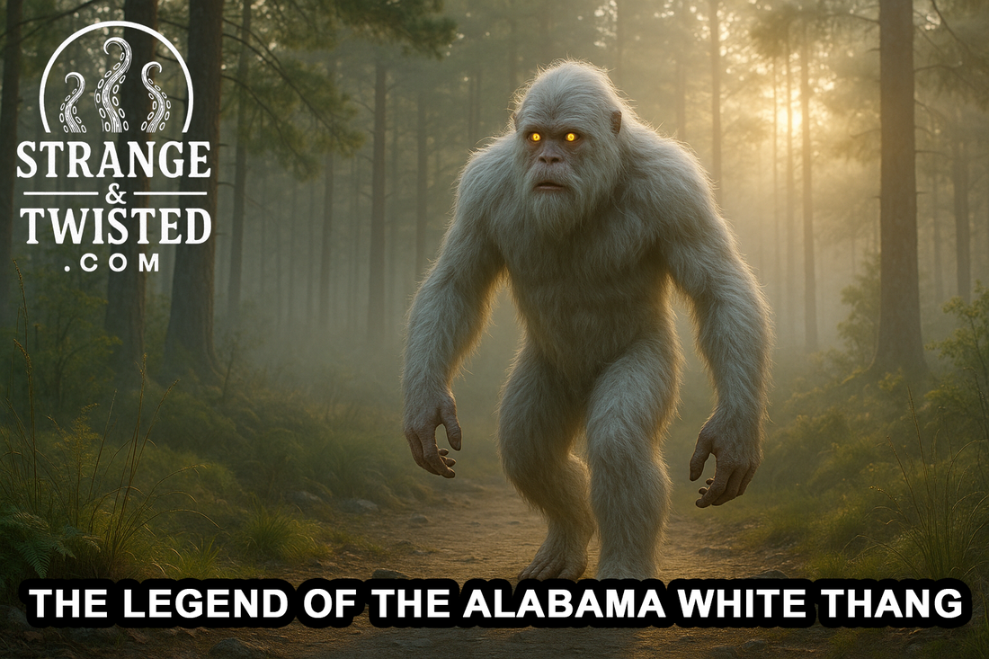 Ultra HD photorealistic landscape image of the Alabama White Thang striding through a misty pine forest at dawn, glowing yellow eyes and white fur illuminated by soft golden sunlight. By Strange & Twisted