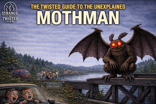 Satirical Mothman illustration depicting a grumpy winged creature with red eyes overlooking a river and bridge, humorous hero image for The Twisted Guide to the Unexplained