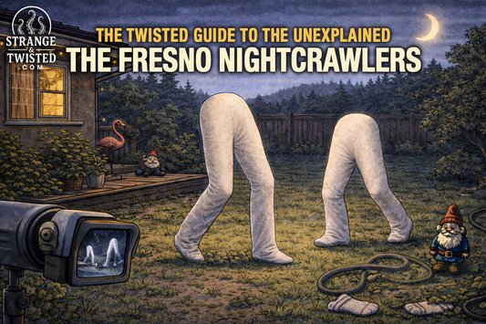 Cartoon style Fresno Nightcrawlers artwork featuring the strange leg creatures wandering a backyard under the moon, a tongue in cheek take on one of the internet’s most bizarre cryptids.