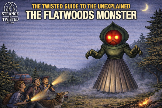 Satirical Flatwoods Monster artwork showing the glowing red faced creature with a spade shaped hood and metallic skirt looming over terrified locals in a forest clearing, part of The Twisted Guide to the Unexplained by Strange & Twisted.