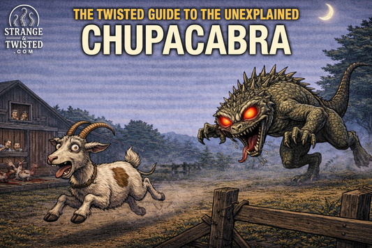 Humorous illustration of the Chupacabra chasing a terrified goat on a rural farm at night, cartoon style cryptid artwork for The Twisted Guide To The Unexplained