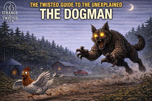 Humorous illustration of the Michigan Dogman chasing a frightened chicken through a dark forest clearing with cabins and glowing eyes, cryptid folklore scene from The Twisted Guide To The Unexplained.