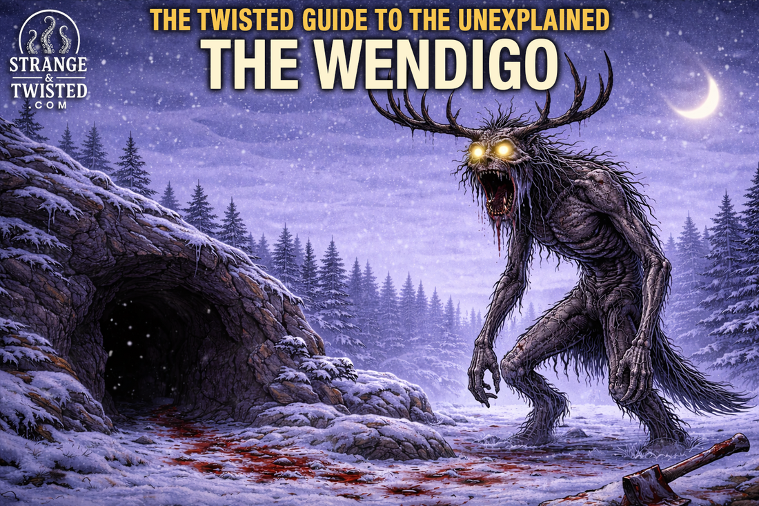 Illustrated Wendigo monster from Native American folklore, skeletal antlered creature in a snowy forest cave setting, dark fantasy cryptid art for The Twisted Guide To The Unexplained.
