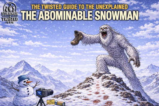 Abominable Snowman roaring on a snowy mountain peak, humorous Yeti illustration in the Himalayas. The Twisted Guide To The Unexplained 