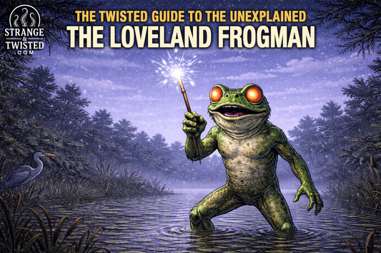 The Loveland Frogman emerging from a misty swamp, bipedal frog creature with glowing eyes, iconic Ohio cryptid from The Twisted Guide to the Unexplained
