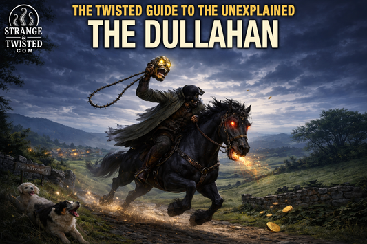The Dullahan headless horseman charging through rural Ireland under stormy skies, dark Irish folklore creature featured in The Twisted Guide to the Unexplained.