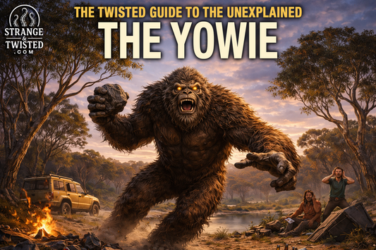The Yowie Australian Bigfoot legend towering in the Outback at sunset, shaggy cryptid from Australian folklore featured by Strange & Twisted.