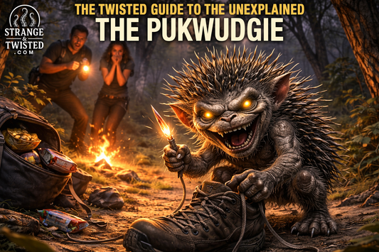Humorous depiction of the Pukwudgie, a porcupine-like cryptid from New England folklore, sabotaging a campsite in The Twisted Guide to the Unexplained.