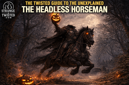 The Headless Horseman riding a black horse through a spooky forest at night, holding a flaming jack o lantern in The Twisted Guide to the Unexplained. Humorous dark folklore depiction of the Headless Horsem