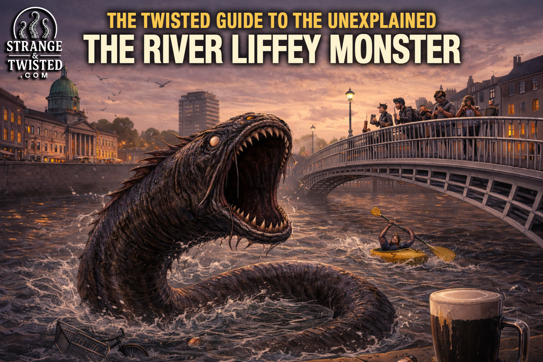 The River Liffey Monster rising from the water in Dublin, a giant eel like cryptid beneath a city bridge in The Twisted Guide to the Unexplained.