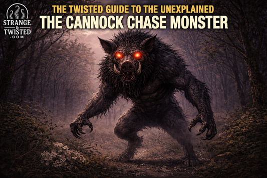 The Cannock Chase Monster, a pig faced werewolf like cryptid with glowing red eyes stalking a dark English forest in The Twisted Guide to the Unexplained.
