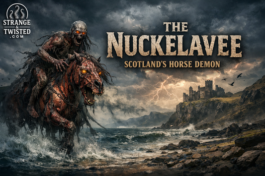 The Nuckelavee from Scottish mythology, terrifying horse demon riding from the ocean near a Scottish castle under storm clouds, folklore horror illustration