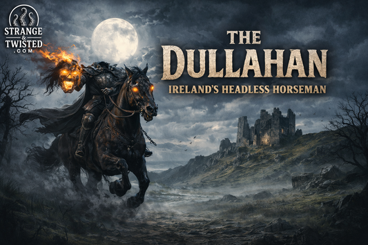 The Dullahan from Irish mythology, legendary headless horseman carrying his severed head while riding through ancient Ireland in a dark fantasy hero image