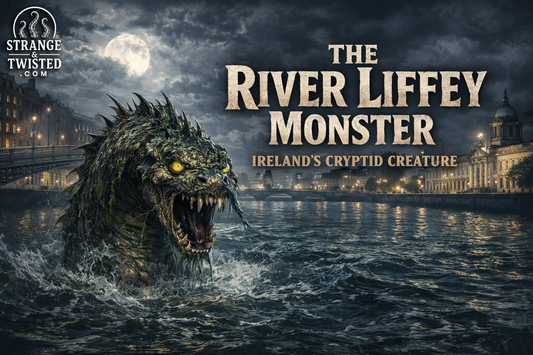 The River Liffey Monster from Irish folklore, mysterious cryptid creature appearing in Dublin’s River Liffey under stormy skies, dark fantasy hero image