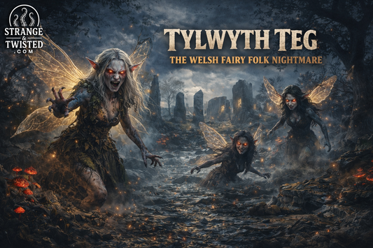 The Tylwyth Teg from Welsh mythology, sinister fairy folk appearing at night in an enchanted forest, Celtic folklore nightmare creature illustration
