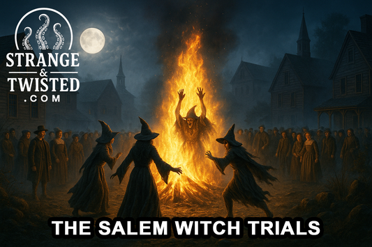 Ultra HD hyper-realistic landscape of a 17th-century Salem village illuminated by a large bonfire under a full moon, witches performing a ritual. By Strange & Twisted