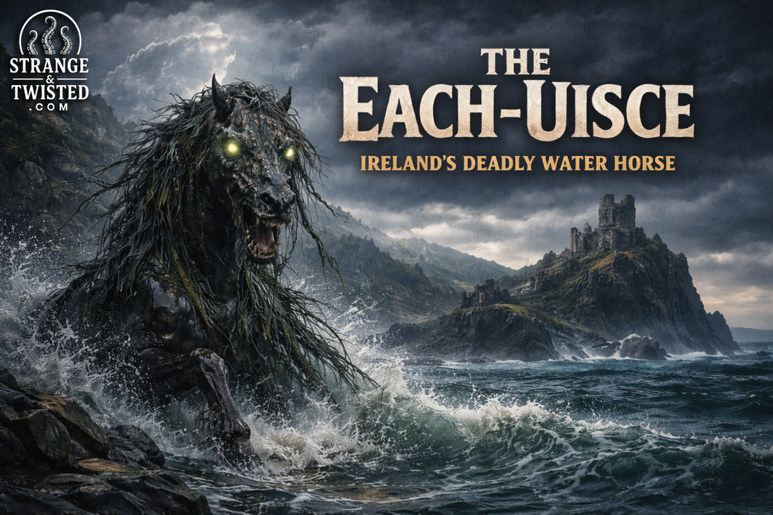 Each-Uisce from Irish mythology, legendary water horse with glowing eyes rising from dark coastal waters, Irish folklore monster illustration