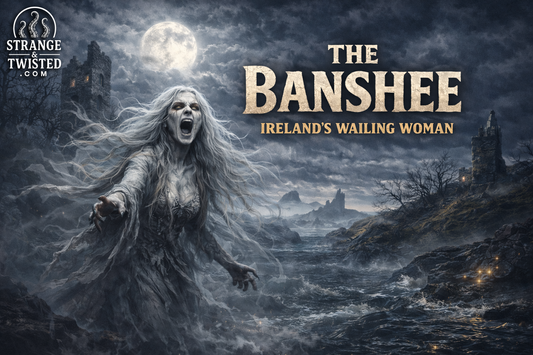 Ireland’s banshee from Celtic mythology, terrifying wailing woman with flowing hair appearing at night beside ruins, Irish folklore horror illustration