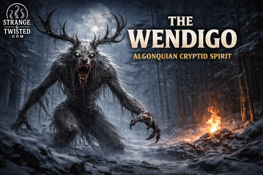 The Wendigo of Algonquian legend, supernatural cryptid spirit haunting a snow covered forest with burning eyes, dark fantasy hero image