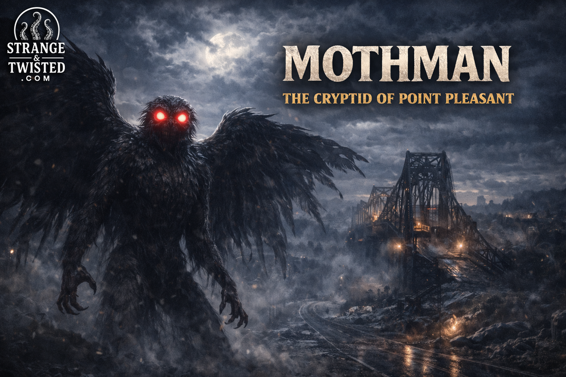 The Mothman of Point Pleasant, famous American cryptid with red eyes and dark wings appearing near a fog covered bridge at night