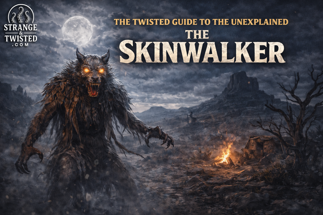 The Skinwalker cryptid from Navajo mythology, supernatural shapeshifting being appearing at night in the American Southwest, dark fantasy hero image