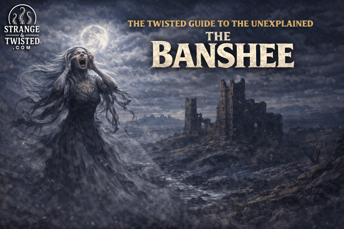 Irish banshee screaming in a misty night landscape, legendary wailing woman from Celtic folklore illustrated for The Twisted Guide to the Unexplained