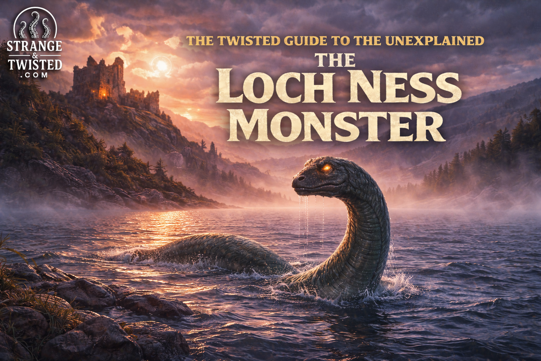 The Loch Ness Monster emerging from Loch Ness at night, legendary Scottish cryptid featured in The Twisted Guide to the Unexplained with castle ruins