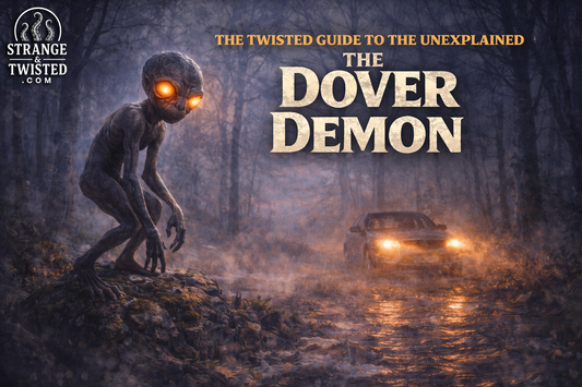 The Dover Demon crouching beside a dark forest road at night, eerie cryptid creature from Massachusetts folklore featured in The Twisted Guide to the Unexplained