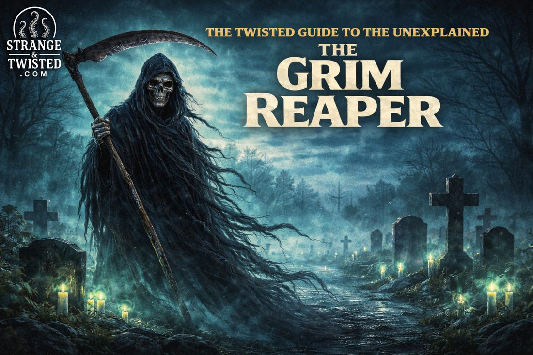 The Grim Reaper standing in a foggy graveyard with a scythe, death personification from folklore featured in The Twisted Guide to the Unexplained