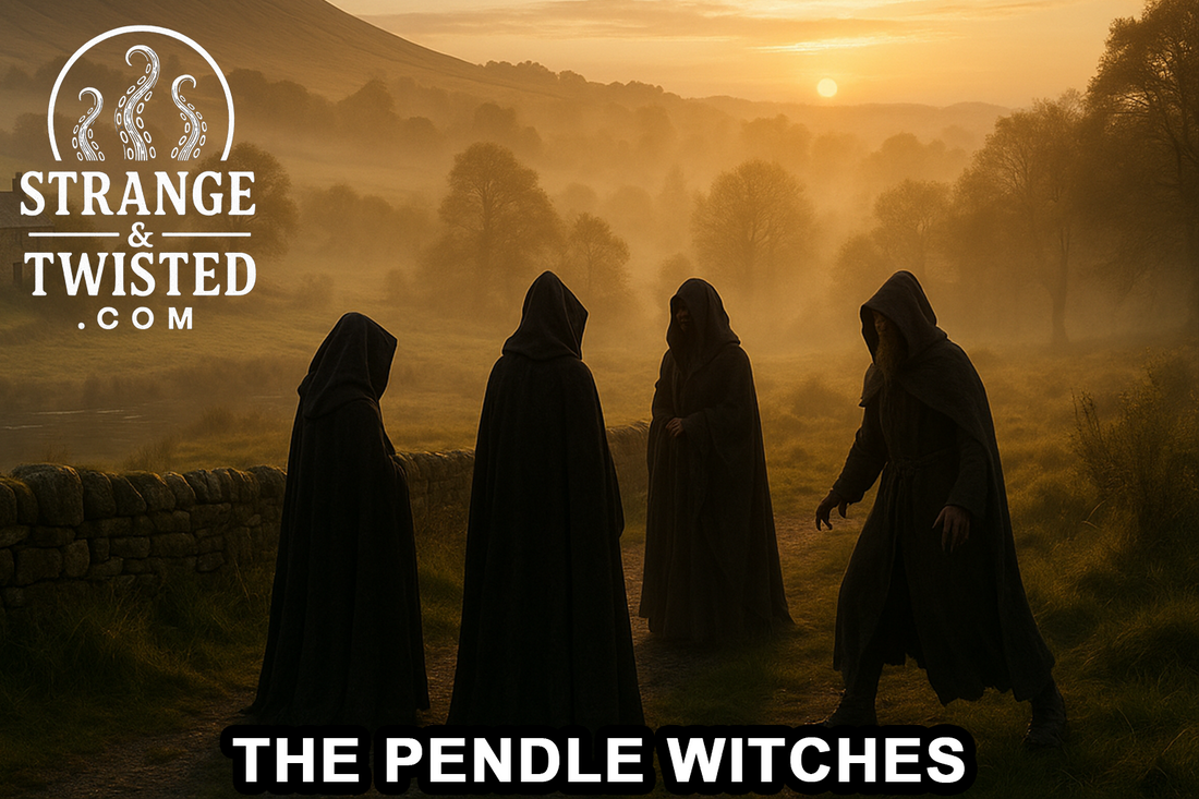 Photorealistic image of Pendle Hill at dawn with mist and witches in dark cloaks near a stone wall under golden light. By Strange & Twisted