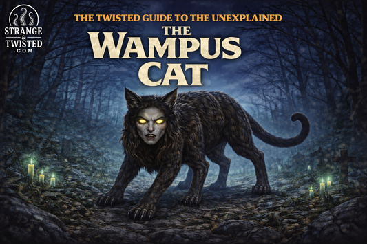 Six legged Wampus Cat from Appalachian folklore, human feline hybrid creature stalking a dark woodland in The Twisted Guide to the Unexplained