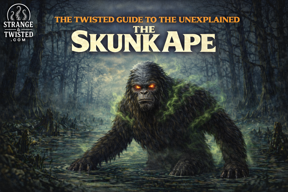 Florida Skunk Ape cryptid standing in a misty swamp surrounded by green fumes, legendary smelly ape creature featured in The Twisted Guide to the Unexplained