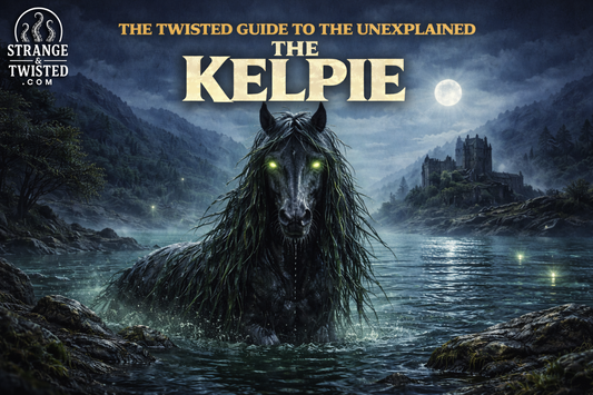 The Kelpie water horse from Scottish folklore emerging from a moonlit loch, eerie shapeshifting spirit featured in The Twisted Guide to the Unexplained