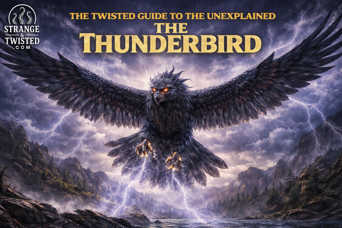 The Thunderbird Cryptid from Native American mythology soaring through a lightning storm, powerful legendary bird featured in The Twisted Guide to the Unexplained