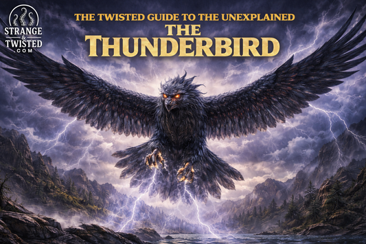 The Thunderbird Cryptid from Native American mythology soaring through a lightning storm, powerful legendary bird featured in The Twisted Guide to the Unexplained