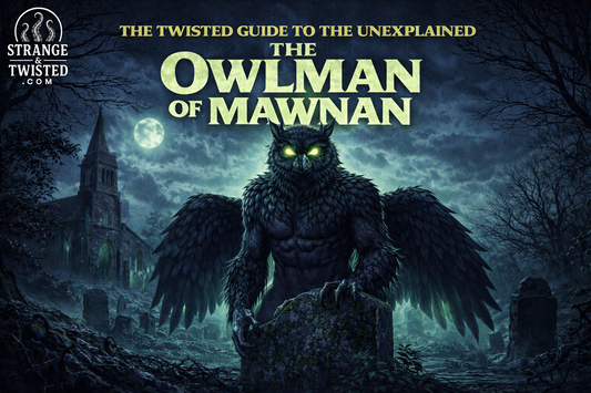 The Owlman of Mawnan humanoid owl creature standing in a moonlit graveyard, Cornish folklore Cryptid monster featured in The Twisted Guide to the Unexplained