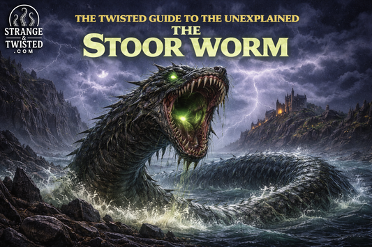 The Stoor Worm from Scottish folklore rising from stormy seas, colossal sea serpent monster featured in The Twisted Guide to the Unexplained