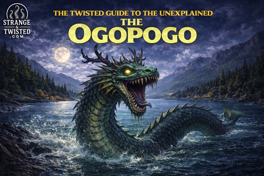 The Ogopogo lake monster emerging from dark waters at night, legendary Canadian cryptid featured in The Twisted Guide to the Unexplained