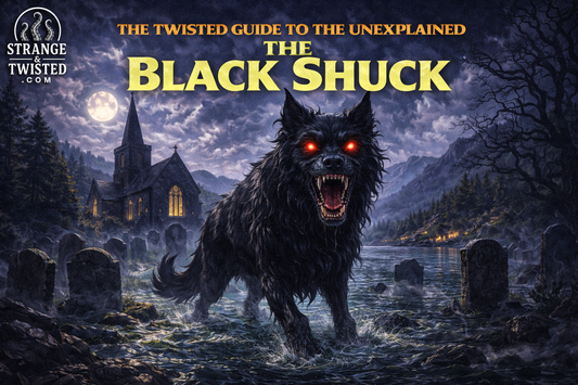 The Black Shuck ghostly black dog with glowing red eyes appearing in a moonlit churchyard, legendary British folklore creature featured in The Twisted Guide to the Unexplained