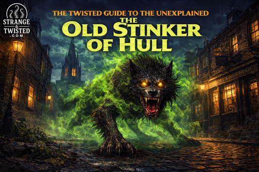 The Old Stinker of Hull prowling a misty cobbled street at night, foul smelling werewolf creature from Hull folklore featured in The Twisted Guide to the Unexplained