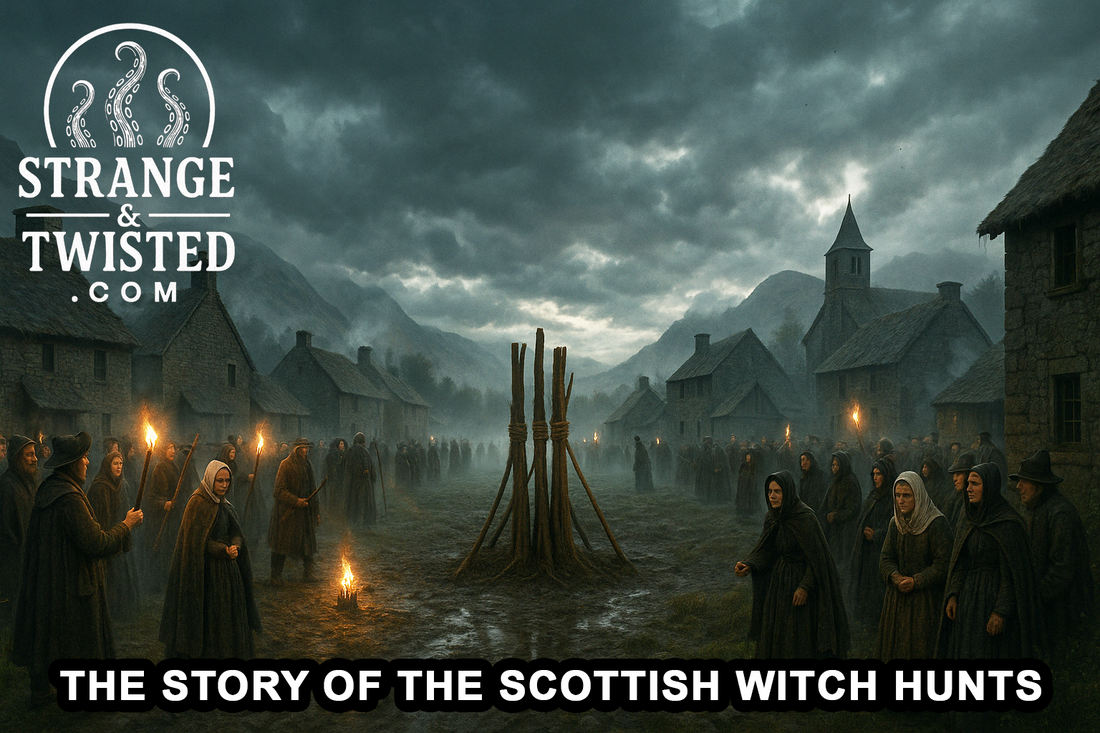 Photorealistic image of a 17th-century Scottish village during witch trials, villagers with torches gathered in fog near wooden stakes under stormy skies. By Strange & Twisted