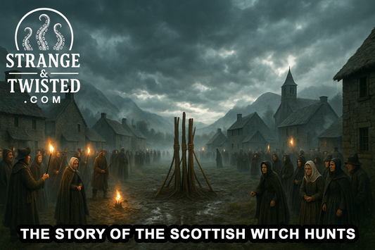Photorealistic image of a 17th-century Scottish village during witch trials, villagers with torches gathered in fog near wooden stakes under stormy skies. By Strange & Twisted