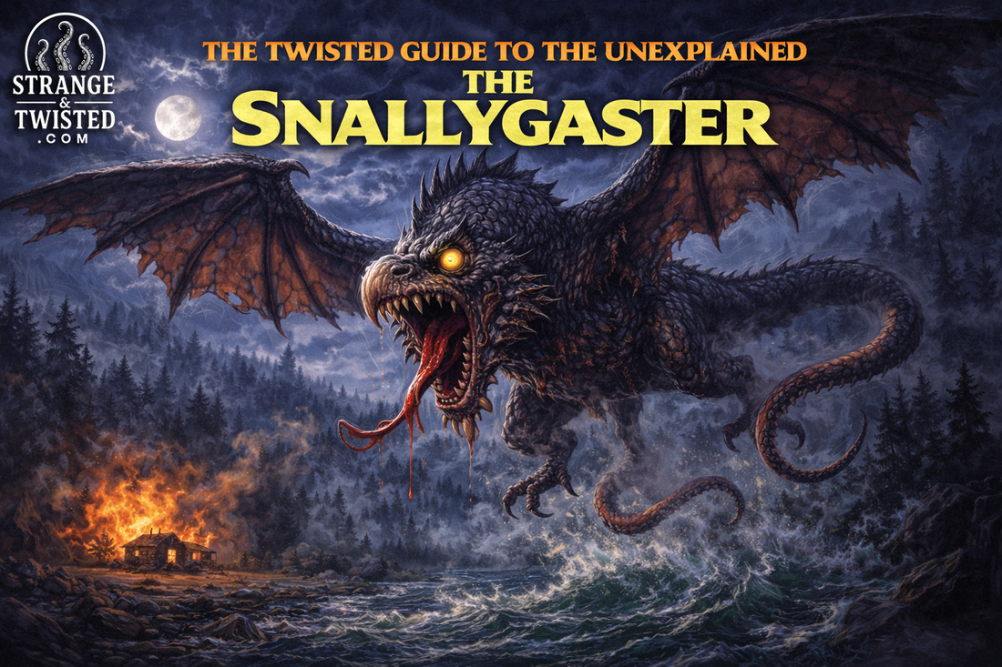 The Snallygaster flying over a forest at night, winged dragon like cryptid from Maryland folklore featured in The Twisted Guide to the Unexplained