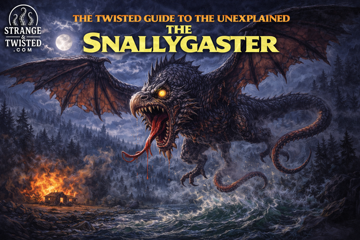 The Snallygaster flying over a forest at night, winged dragon like cryptid from Maryland folklore featured in The Twisted Guide to the Unexplained
