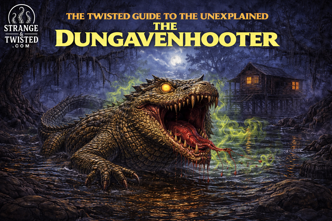 The Dungavenhooter crocodile like cryptid emerging from a dark swamp at night, legendary Southern folklore monster featured in The Twisted Guide to the Unexplained