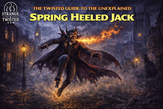 Spring Heeled Jack leaping through foggy Victorian London streets, legendary urban folklore figure breathing fire in The Twisted Guide to the Unexplained