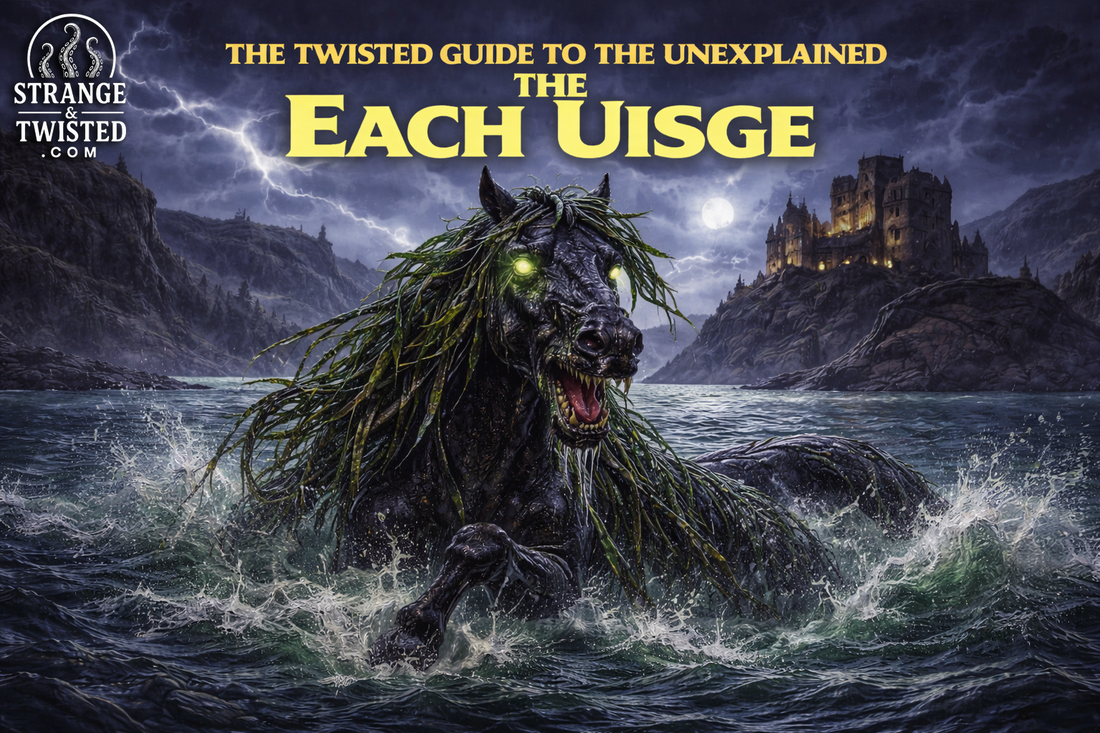 The Each Uisge from Scottish and Irish folklore rising from a stormy loch, demonic water horse with glowing eyes featured in The Twisted Guide to the Unexplained
