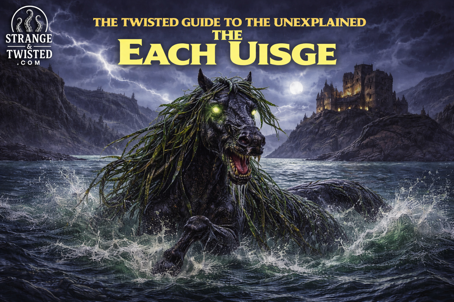 The Each Uisge from Scottish and Irish folklore rising from a stormy loch, demonic water horse with glowing eyes featured in The Twisted Guide to the Unexplained